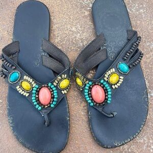 Y2k Black boho thong sandals with multi-coloured beads sz 8.5